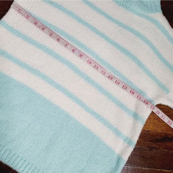 Vintage 80s Pastel Blue White Striped Chunky Cozy Mock Neck Sweater - Picture 8 of 12